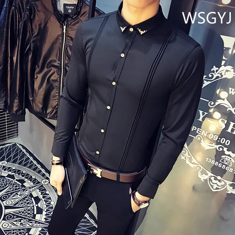 

Brand Men's Formal Shirt Korean Slim Fit Tuxedo Shirts Male Long Sleeve Red Black White Casual Shirts Camisa Masculina