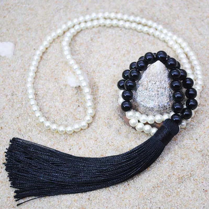 Yumfeel Brand New Long Beaded Tassel Necklace 18 Colors Natural Stone Necklace Women Jewelry Gifts Beach Crystal Quartz - Окраска металла: Black resin