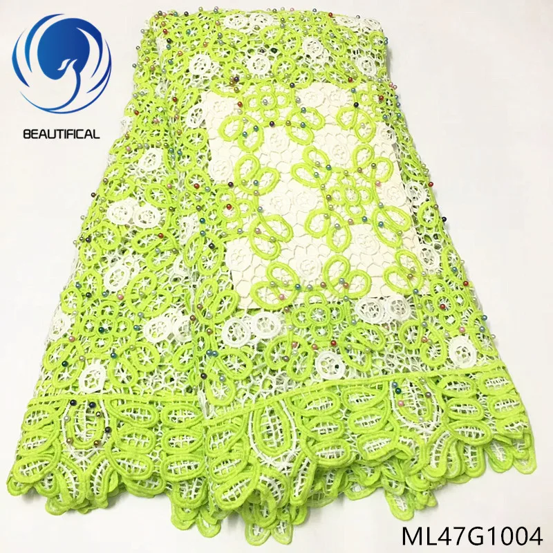 

BEAUTIFICAL nigerian guipure lace fabrics cyan water soluble lace fabric for dress 5yards Latest style cord lace beads ML47G10