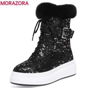 

MORAZORA 2020 fashion hot sale new winter warm snow boots lace up genuine leather ankle boots for women flat platform shoes