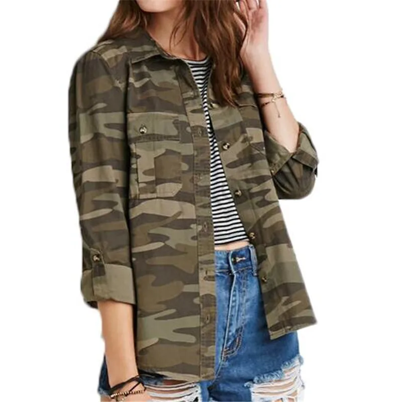 2016 Blusas de Las Mujeres 2016 Del Verano Más El Tamaño de Camuflaje Militar de Las Mujeres Camisas Señoras Delgadas Tops Camisa ZMF598632