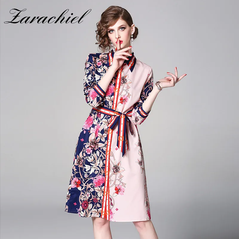 Летнее подиумное платье-рубашка с длинным рукавом, женское винтажное элегантное платье на пуговицах с поясом и разноцветным цветочным принтом - Цвет: picture color