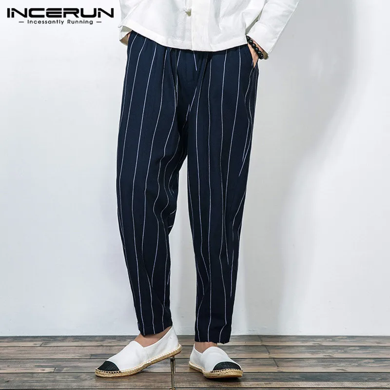 Осень хлопок INCERUN размера плюс 5XL повседневные мужские брюки мешковатые шаровары в полоску широкие брюки длинные брюки эластичный пояс мужские брюки