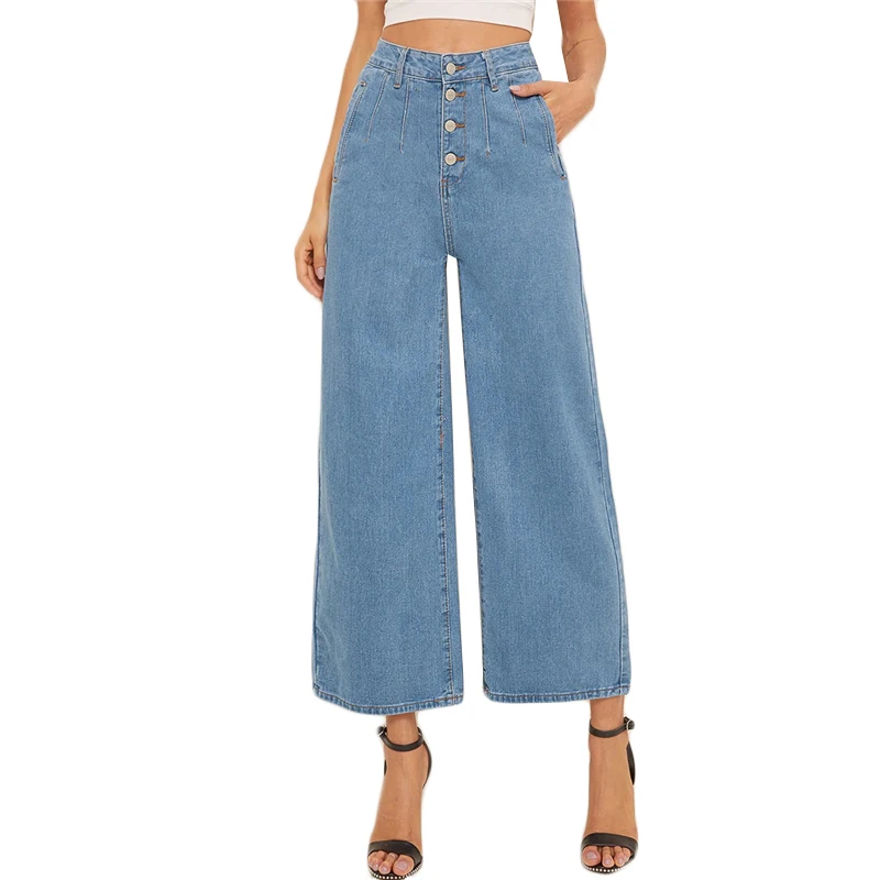 Sheinside повседневные синие джинсы с высокой талией на пуговицах женские летние укороченные брюки женские с косыми карманами джинсовые брюки