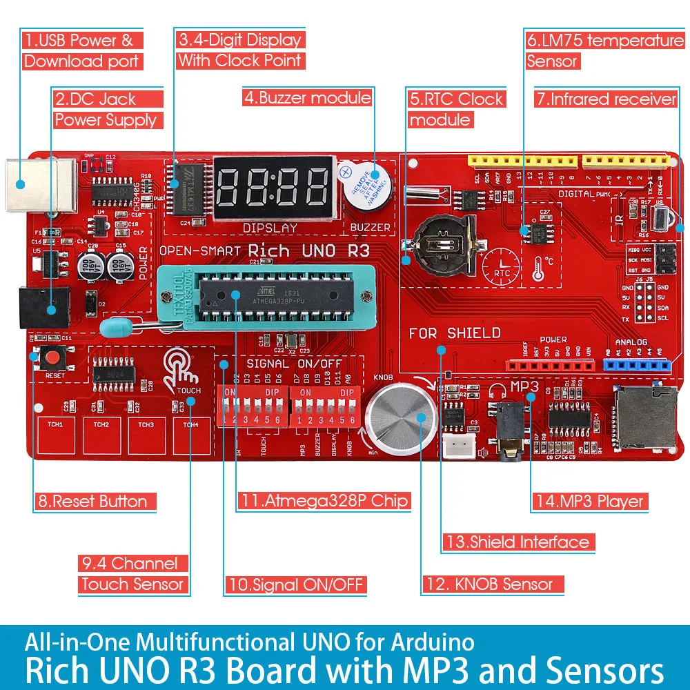 Богатый Многофункциональный UNO R3 Atmega328P развитию комплект для Arduino с MP3/DS1307 RTC/Температура/Touch Сенсор модуль