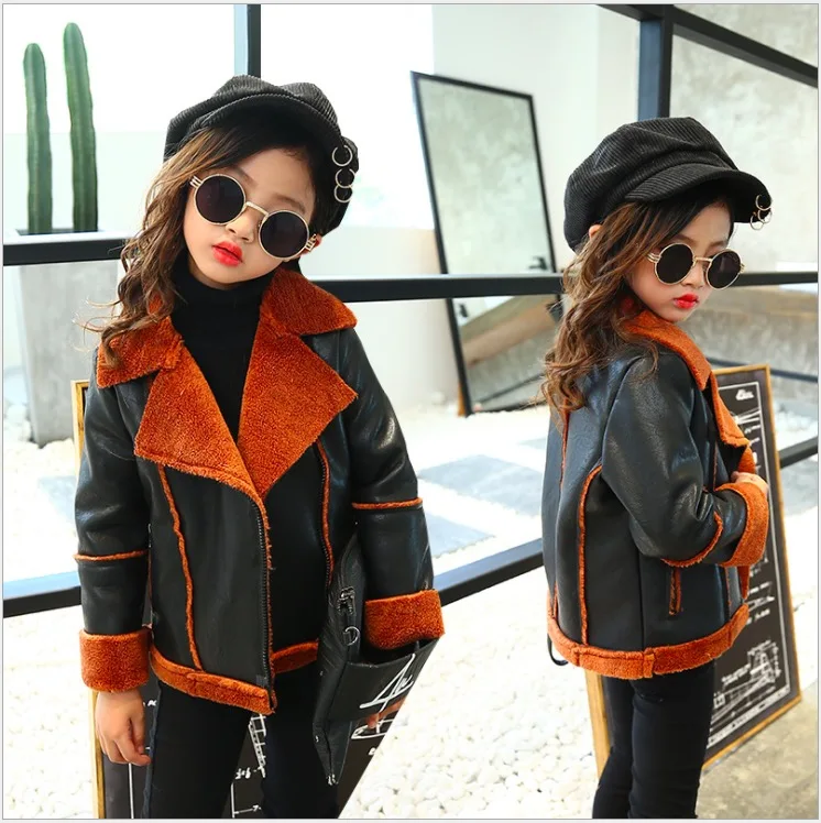 

2017 winter girls coat thick warm kids jacket faux fur faux leather family clothing 12 years old