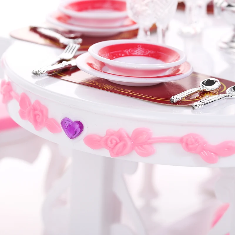 ارتفع قصر مجموعة غرفة الطعام ل دمية باربي 6 مقاعد الطاولات الطويلة مع 6 مجموعات فنون المائدة الكراسي الأم الطفل DIY ألعاب تعليمية