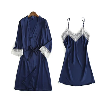 

BZEL 2 Pieces Robe&Gown Sets Sexy Lace Sleep Lingerie Women Robe Femme+Night Dress Lady Sleepwear Satin Pyjama Suit Gown Dress