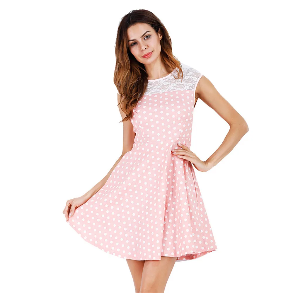 Summer Lace Women Dress 2018 Fashion Polka Dot Print Sleeveless Ladies Lace Dresses Patchwork Party Dress A line Sweet Dresses (2)