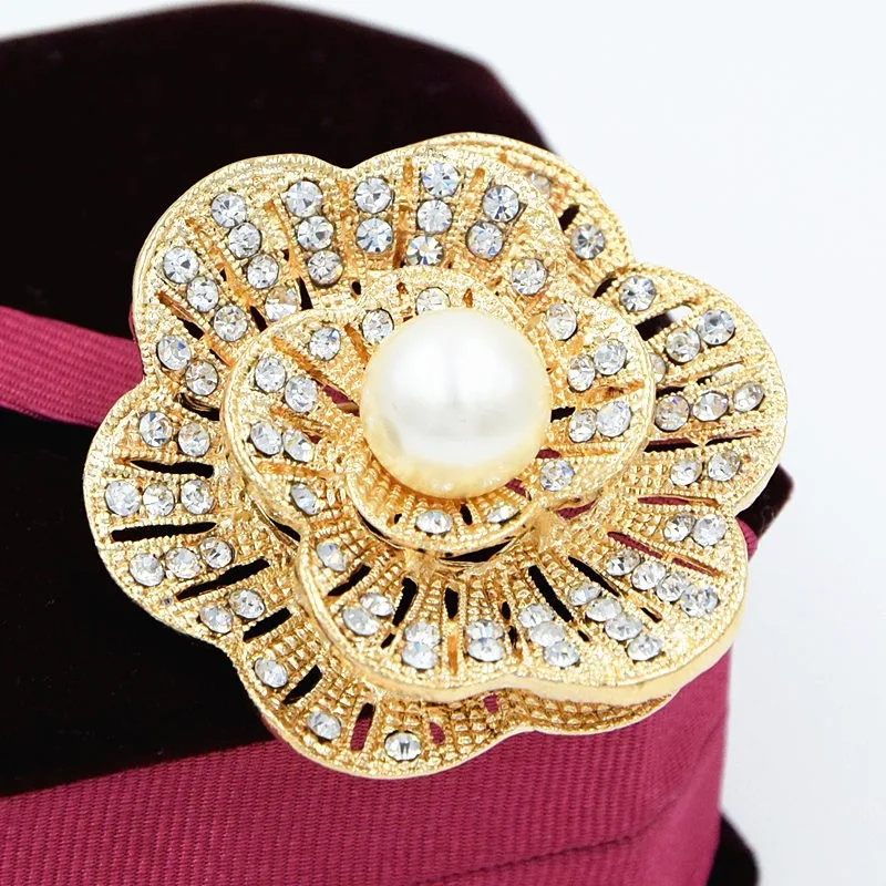 Retail!!Exquisite Wedding Floral Pin Brooch Gold Tone Pearl And Crystal
