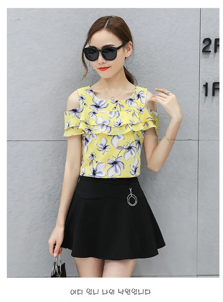 Blusas Femininas 2018 Women Open Shoulder Tops Female Casual Short Sleeve Chiffon Blouses Print Floral Shirts Ladies Tops (6)