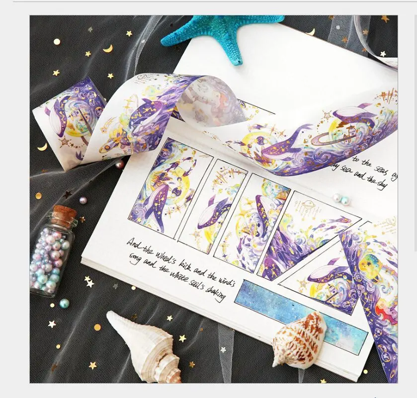 40mm Wide Special ink Oceans of stars blinking Gold foil whale washi tape DIY planner diary scrapbooking masking escolar | Канцтовары