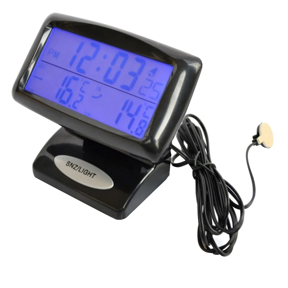  Car Electronic Clock Temperature Meter Auto Indoor And Outdoor Thermometer Dual Sensors LCD Blue Ba