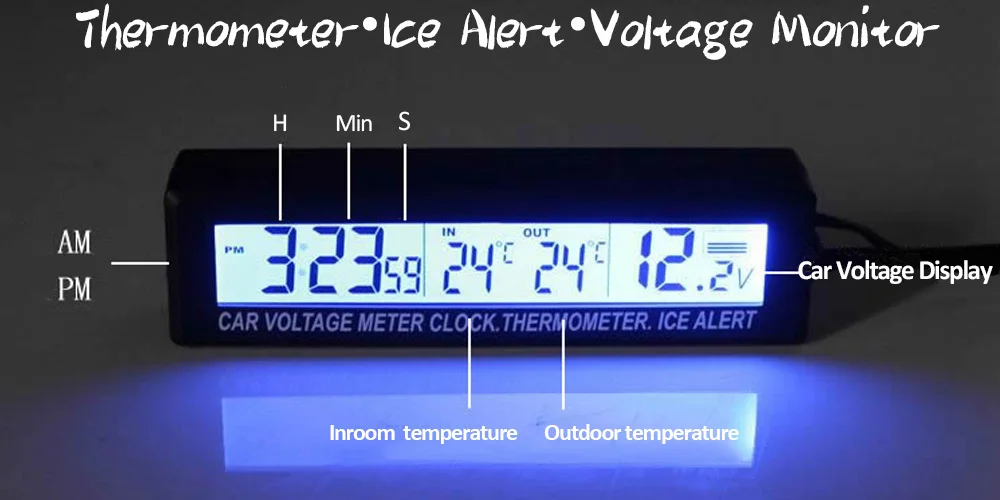 3 в 1 цифровой ЖК-дисплей автомобиль часы Вольтметр термометр Авто Подсветка льда оповещения Портативный Напряжение Температура монитор Автомобильные аксессуары