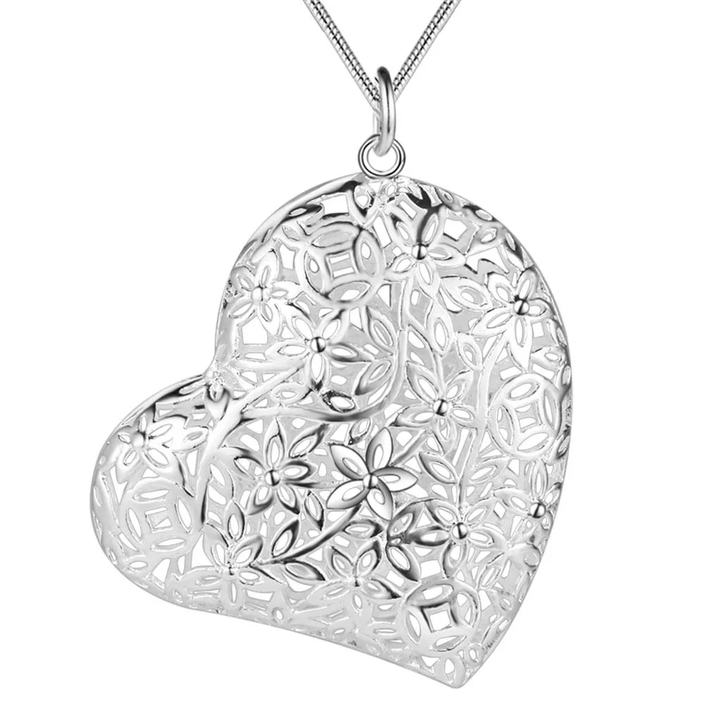 Fashion Heart Necklaces Pendants Silver Plated Jewelry Women Empty