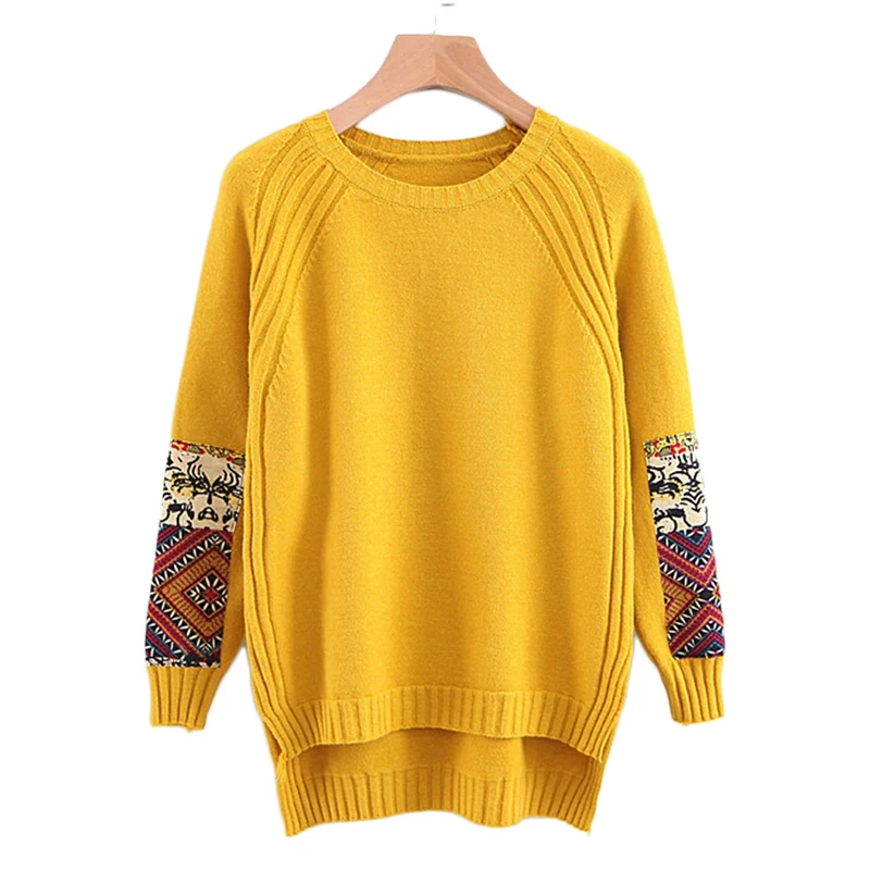 Dotfashion желтый лоскутный Высокий Низкий свитер женская осенняя одежда свитера Мода с этническими аппликациями женские пуловеры джемпер