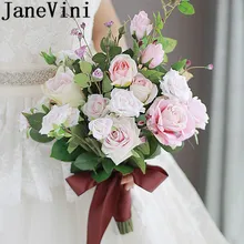 JaneVini западные свадебные цветы Свадебный держатель букетов искусственные ленты Розовые розы букет Шелковый букет для птиц