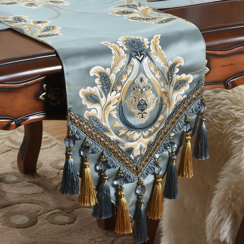 European Luxury table runner Satin Floral Embroidered Table Runner Blue