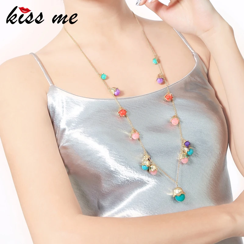 

KISS ME Multi Color Resin Beads Necklaces & Pendants Summer New Alloy Chain Long Necklace Women Accessories
