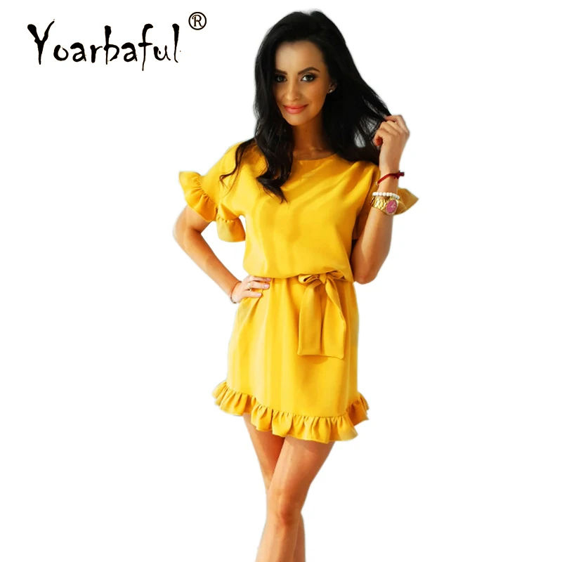 

Hot Fashion 2019 Summer New Beach Women Elegant Ruffled Short Sleeve Belt Lady Casual Yellow Solid Vintage Office Mini Dress
