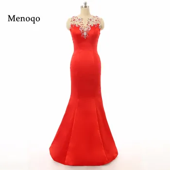

Red Long Real Photo Prom Dresses 2020 Sheer Back Mermaid Satin Applique Sexy Women Party Evening Prom Dresses Fast Shipping