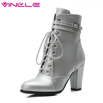 

VINLLE 2020 Women Ankle Boots Winter Shoes Lace Up Zipper All Match Platform Square High Heel Women Motorcycle Boots Size 34-43