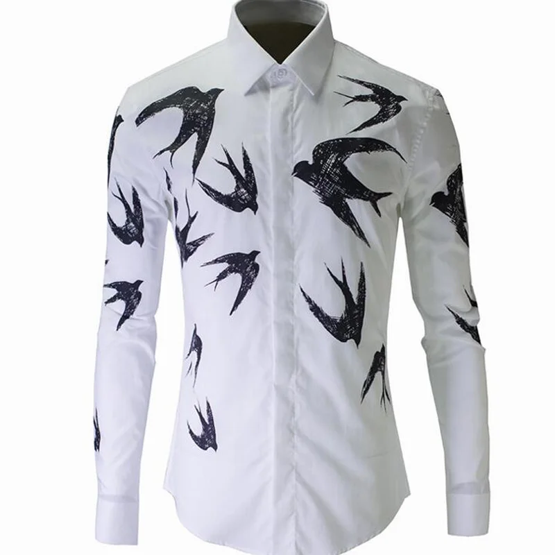 Творческая ручная роспись Ласточка рубашки Для мужчин 3D узор хлопок евро рубашка отложным воротником модные узор основные рубашки M-3XL