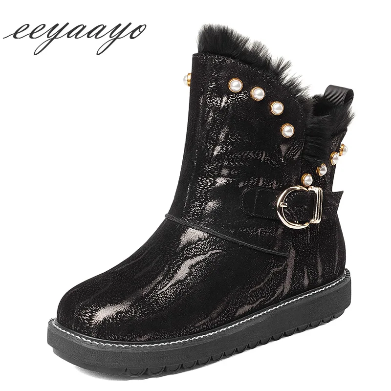 

2018 New Genuine Leather Winter Women Ankle Boots Flats Heel Round Toe Buckle Women Cow Leather Shoes Black Short Snow Boots