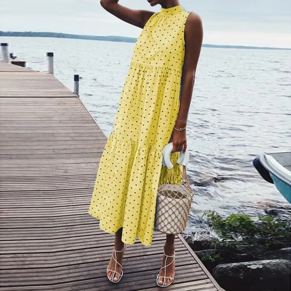 Женский сарафан в горошек Boho элегантное свободное платье с рисунком пляжные