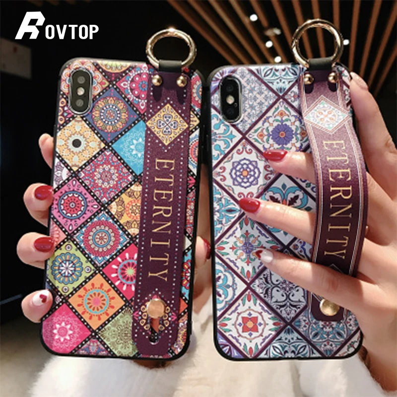 Wrist Strap Case Cover For Iphone 7 8 Plus Phone X XS Soft TPU Silicone Vintage Flower Pattern Holder |