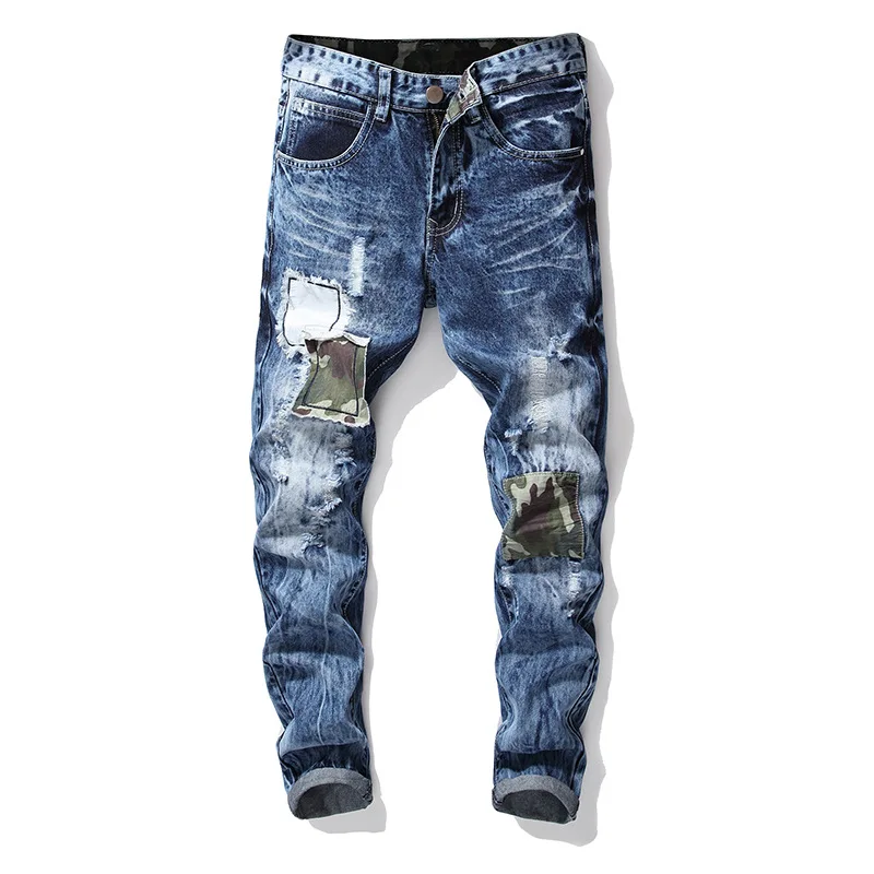 Fashion Blue Men's Jeans Patch Hole Jeans Men Plus Size Retro Patchwork ...