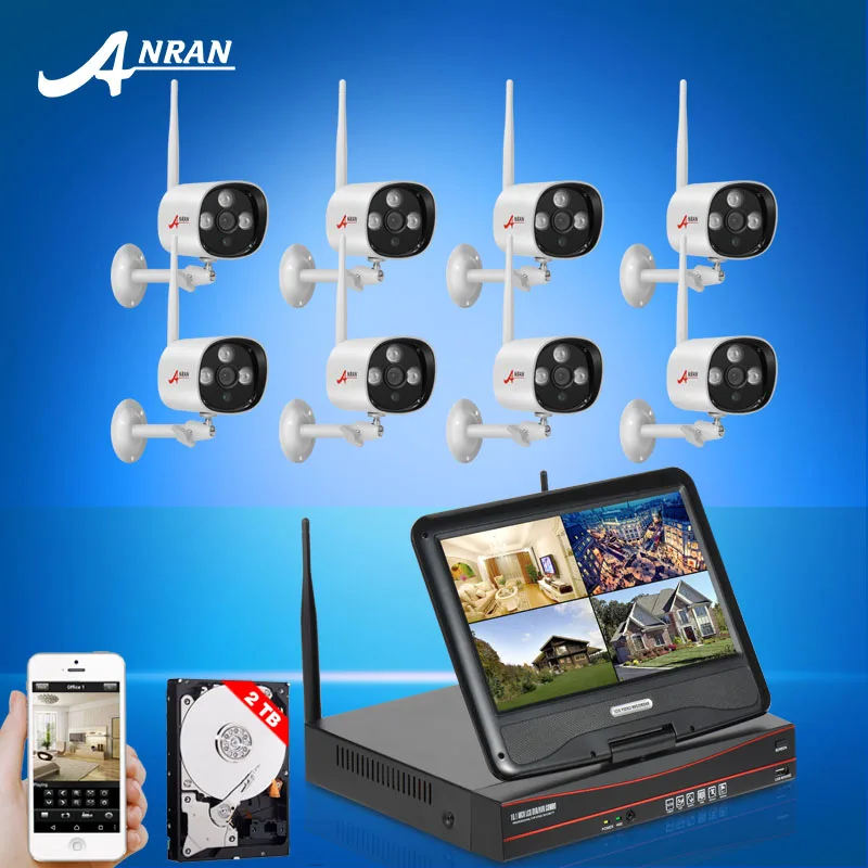  Plug And Play 8CH 10''LCD Screen Wireless NVR System 2TB HDD P2P 720P HD Outdoor Security IP Camera IR WIFI Surveillance Kit 