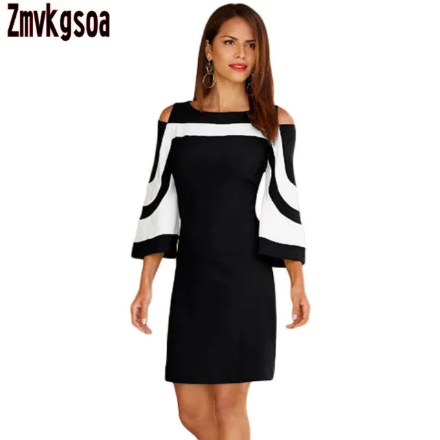 Zmvkgsoa Black White Colorblock Dress For Women Autumn Three Quarter Zmvkgsoa Black White Colorblock Dress For Women Autumn Three Quarter Sleeve Casual Color Block Dresses Robe