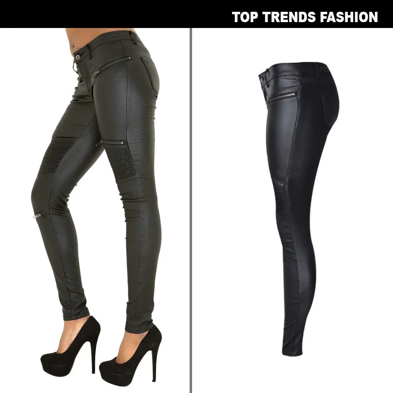 Новая мода Имитация джинсовых узких леггинсов для женщин черные мотоциклетные уличные штаны со складками на молнии штаны из искусственной кожи