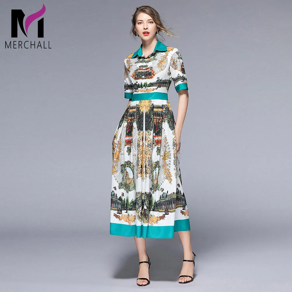 

Merchall 2019 Summer Runway Dress Women's Retro Short Sleeves Single-Breasted Digital Printing Casual Long Shirt Dress MC8022