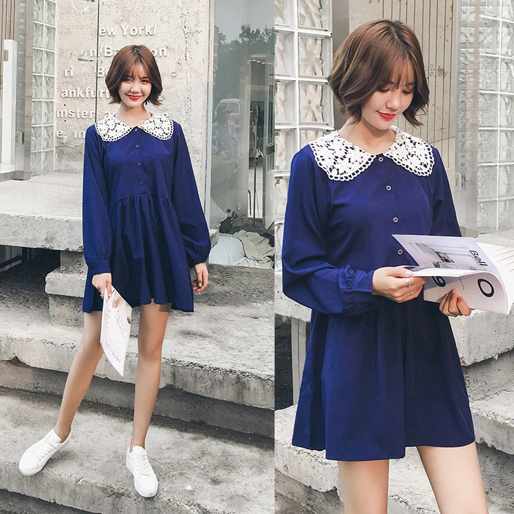 

2018 new XL - 5XL autumn new fat MM plus size lace collar long sleeve casual loose dress k364