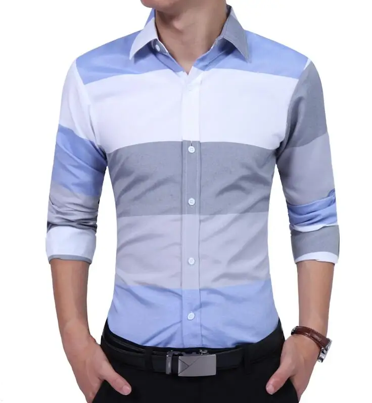 Мужская одежда, модная мужская рубашка с длинным рукавом, топы, большие полосатые мужские повседневные рубашки, приталенные мужские рубашки, M-2XL - Цвет: blue
