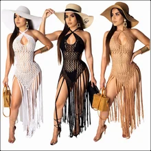Tassel Knitted See Through Hollow Beach Dress Women Halter Sexy Backless Bandage Long Cami Tops Nightclub Pole Dancing Wear New Tassel Knitted See Through Hollow Beach Dress Women Halter Sexy Backless Bandage Long Cami Tops Nightclub Pole Dancing Wear New