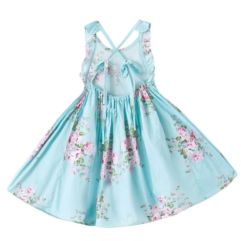Красивые Летние платья без рукавов синего цвета с цветочным рисунком для девочек от 12 месяцев до 12 лет платье принцессы с принтом для девочек, костюмы для детей, одежда