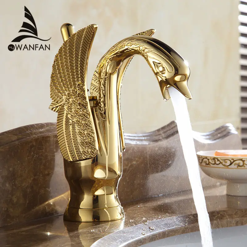 Billige Becken Armaturen Neue Design Schwan Wasserhahn Gold Überzogene Waschbecken Wasserhahn Hotel Luxus Kupfer Gold Mixer Wasserhähne heißer und kalt wasserhähne 85535K