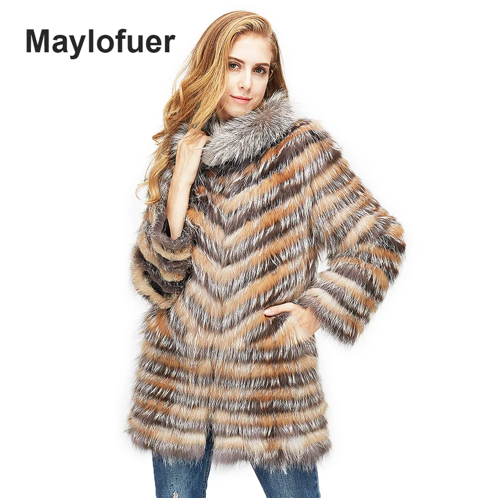 

Maylofuer Real Silver Fox Fur Coat with Collar Natural Red Fox Fur Jacket Women Fur Overcoat for Winter Fur Striped Sew Together