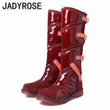 Гладиатор Для женщин колено Зимние сапоги с высоким голенищем Лакированная кожа botas mujer модные пряжки botte Femme Обувь женские красные Туфли без каблуков botines