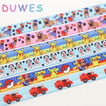 

DUWES 5/8'' 50yards japan cartoon dog fire truck printed Fold Elastic FOE stretch ribbon hairbow headwear headband DIY OEM D1065