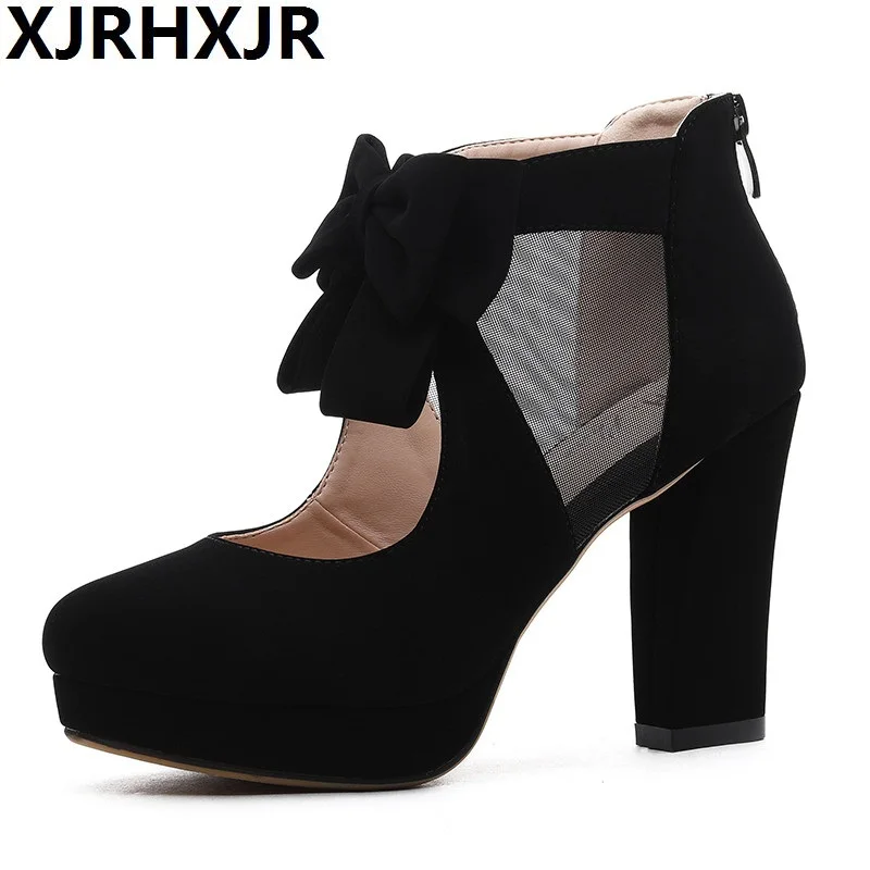 

New Round Toe Fashion Style Vintage Retro Style Woman Bow Platform Pumps Lady's Sexy High Heeled Shoes Women