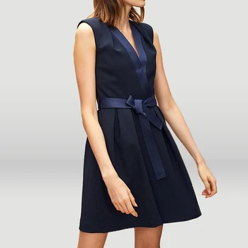 

2019 commuter sleeveless hidden Cyan color edge belt suit dress women summer dresses