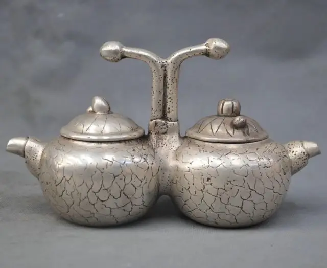 

8'' Exquisite Interesting Chinese Antique Imitation White Copper Two Statue Teapot