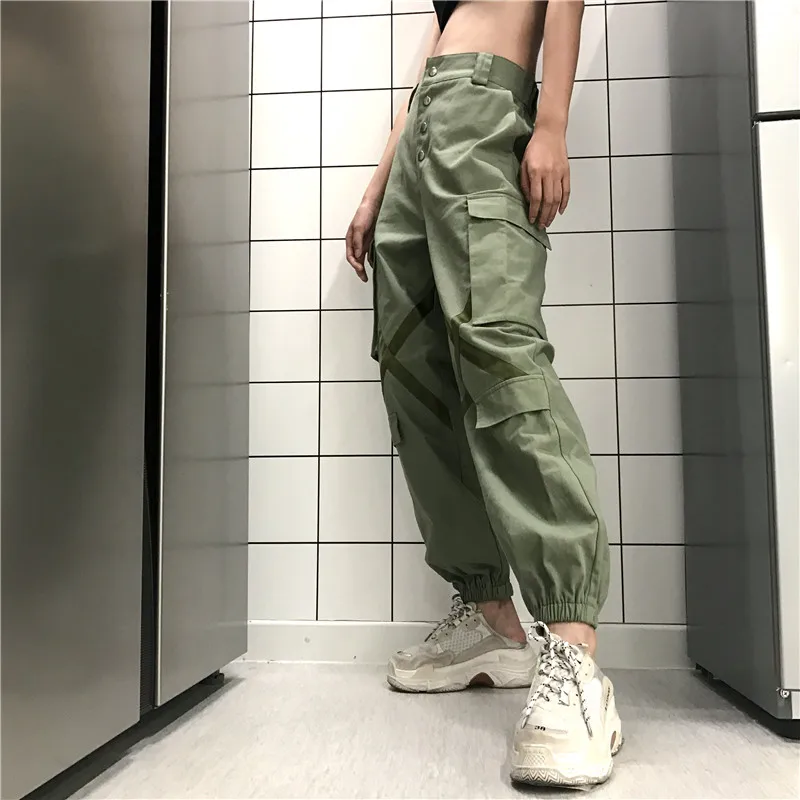 Weekeep с модными карманами; штаны в стиле пэчворк Для женщин Высокая Талия свободные брюки-карго уличная весенне-осенние брюки-карандаш брюки