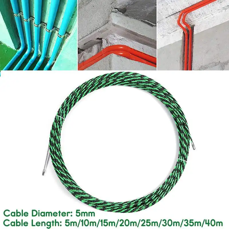 5-40 м 5 мм зеленое направляющее устройство стекловолокно Электрический кабель толкатели воздуховод змеи роддер Рыба лента провода+ два натяжителя кабеля