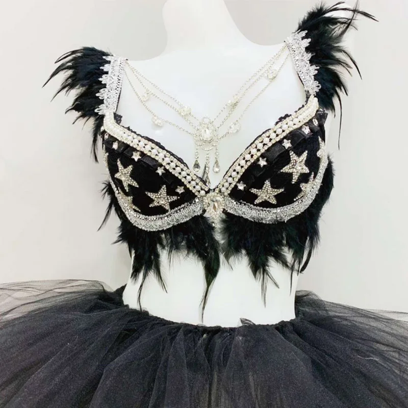 

Sexy Stage Costume Women Black Feather Sparkly Rhinestones Bra Tutu Skirts Nightclub DJ Singer Bar Party Pole Dance Wear DT971