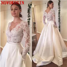 Cheap 2019 New Long Sleeve Lace Applique Wedding Dresses Vintage A Line Bridal Gowns Plus Size V-Neck Satin Dress